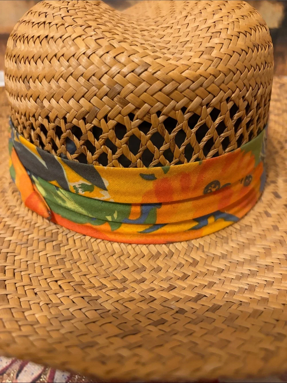 Straw Wide-Brim Sun Hat with Orange Scarf Accent